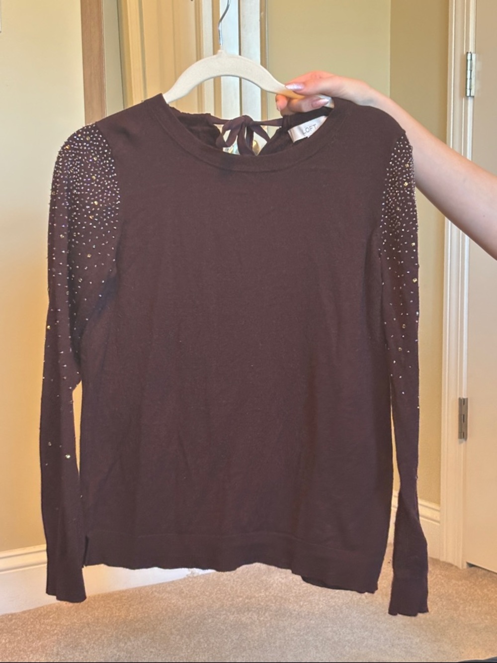 LOFT Brown Embellished Tie-Back Knit Sweater